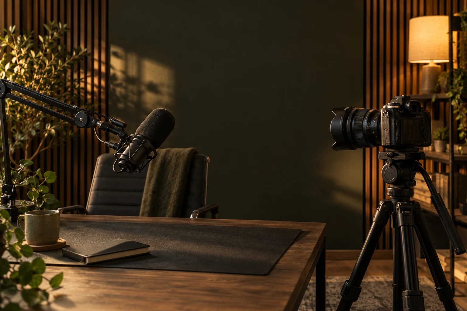 AI-generated illustration of a camera and podcast microphone in a warm studio